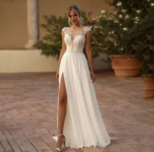 Lace Boho Wedding Dresses A line Side Split Appliqued Lace Bride Dress Chiffon
