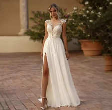 Lace Boho Wedding Dresses A line Side Split Appliqued Lace Bride Dress Chiffon