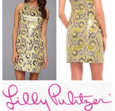 Lilly Pulitzer Pearl Dress Kelp Green Metallic Vintage Brocade Size 8 Beaded