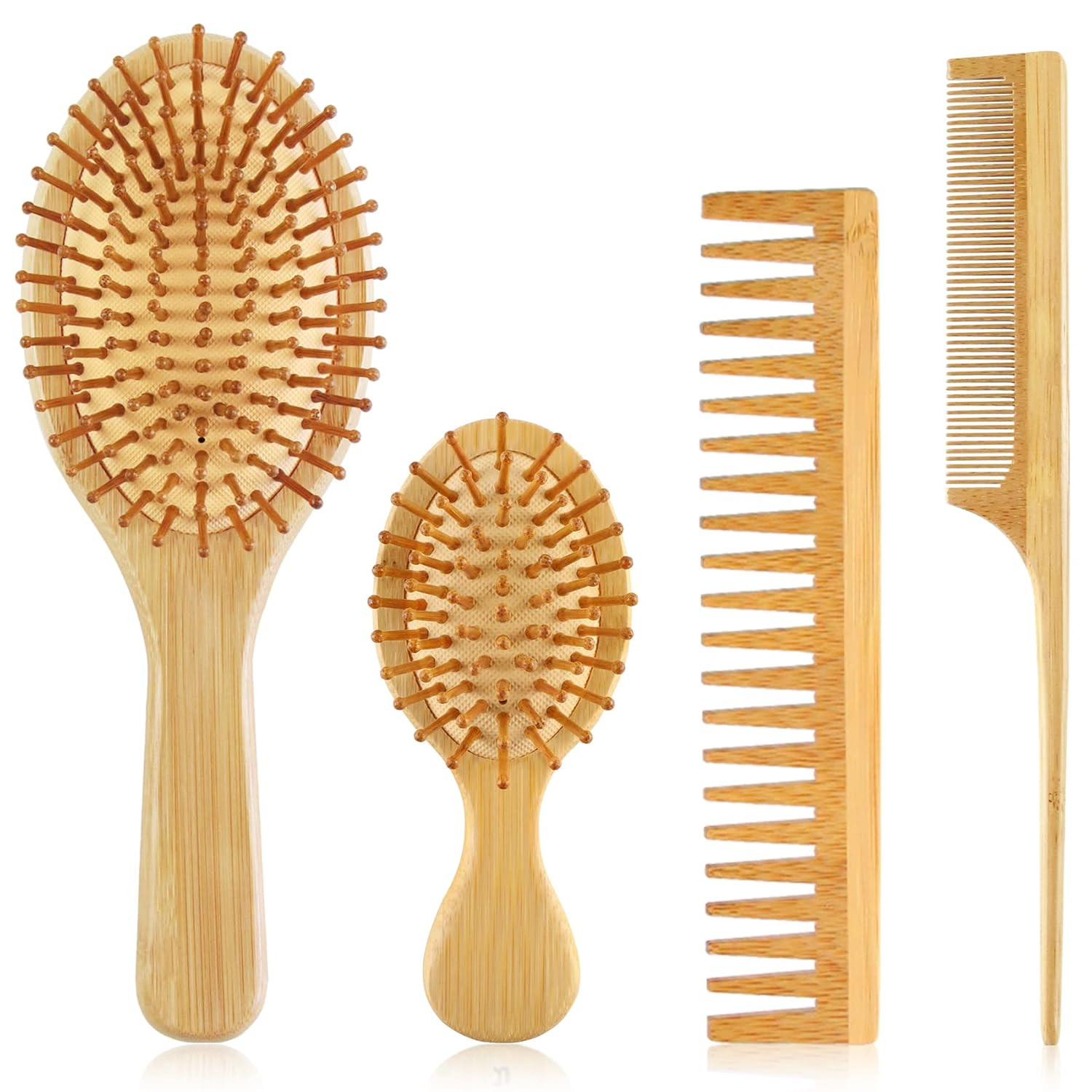 4 PCS Bamboo Hair Brush Set with Natural Wooden Wide-Tooth and Tail Comb Big....
