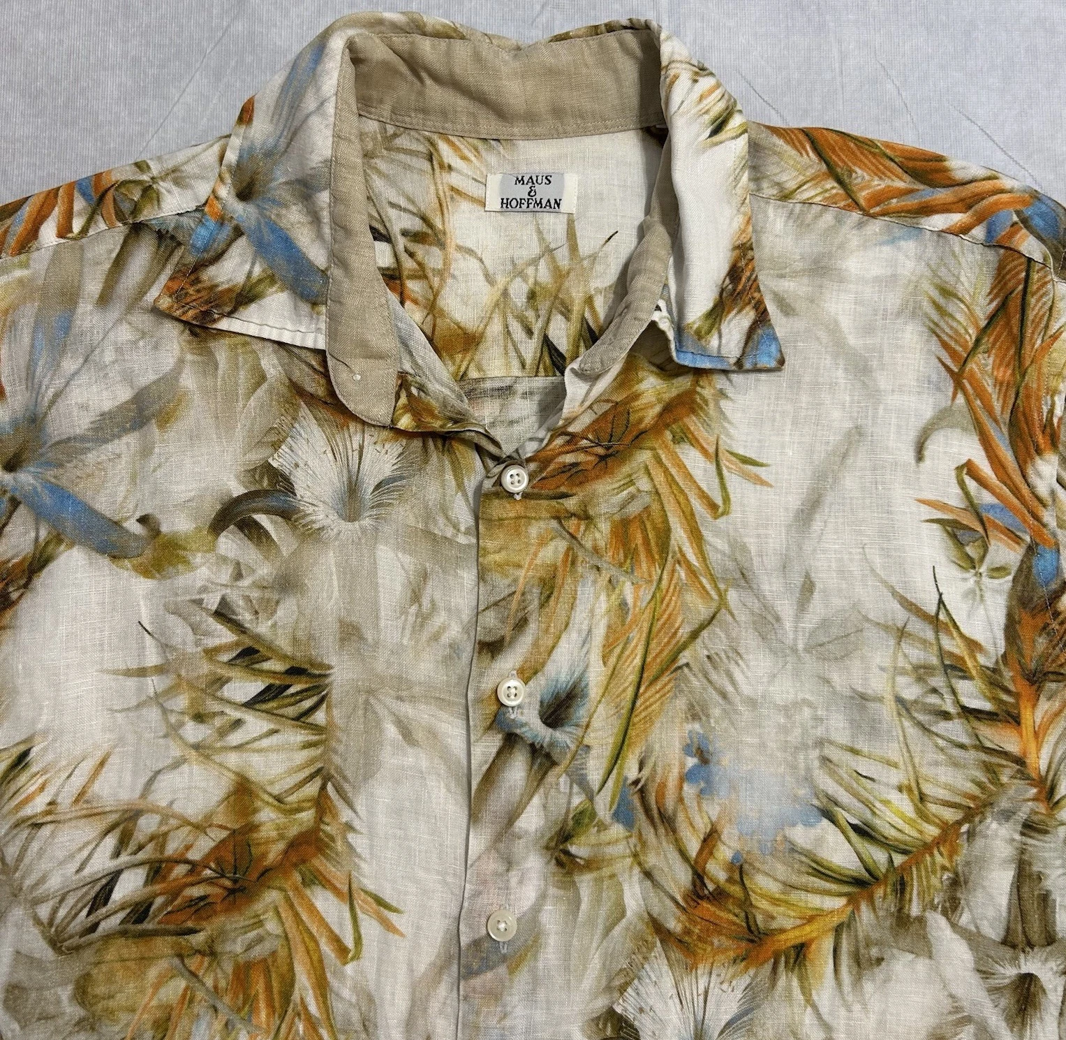 Maus & Hoffman Shirt Mens L 100% Linen Button Up Floral Switzerland