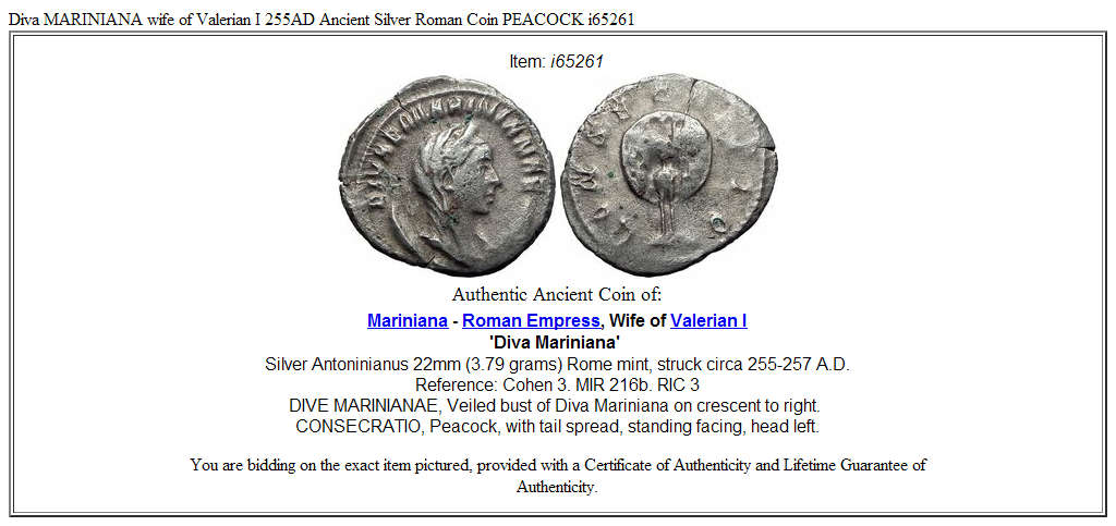 Diva MARINIANA wife of Valerian I 255AD Ancient Silver Roman Coin