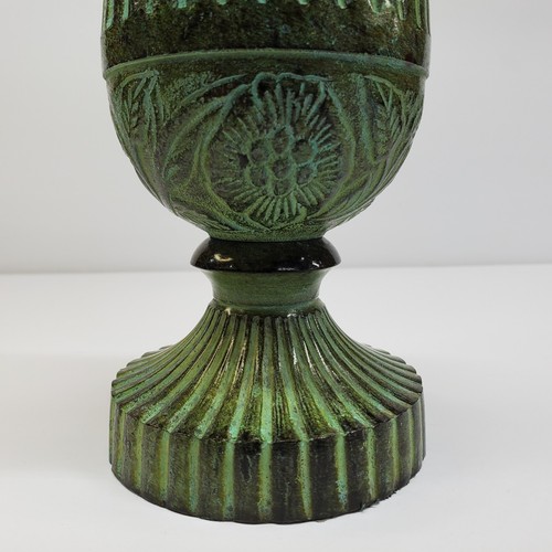 Egg Shaped Verdigris Metal Finial Tabletop Mantel Pedestal Fluted Orb Patina - Picture 10 of 12