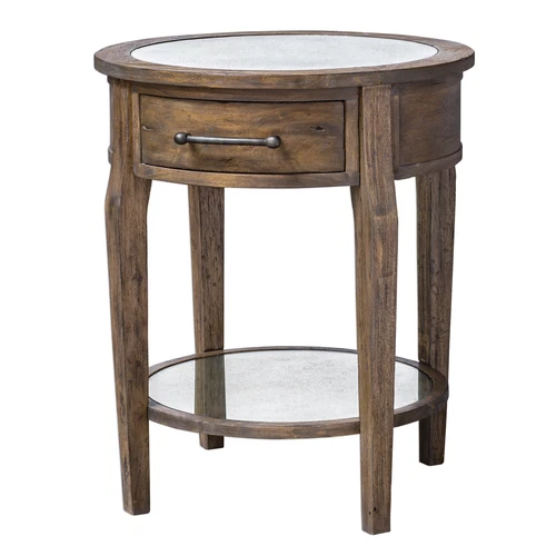 Classic Round Light Wood Accent Table | Drawer Mirrored Transitional Elegant - Picture 5 of 5