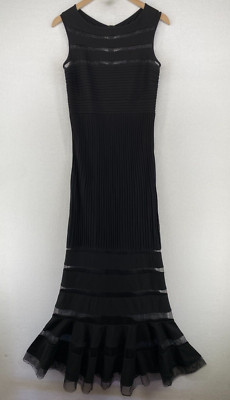 TADASHI SHOJI Dress XS Illusion Stripe Mesh Trim Tiered Pintuck Maxi Black