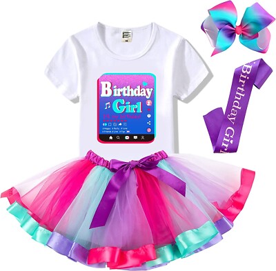BIRTHDAY GIRL Party Costume Sz 9-10 Hair Bow,Sash,TShirt,Rainbow Tutu Skirt NWT