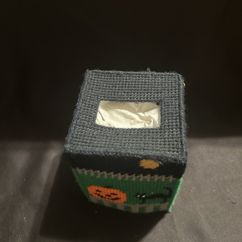Vtg Handmade Plastic Canvas Halloween Ghost Pumpkin Black Cat Tissue Box Cover - Picture 3 of 6