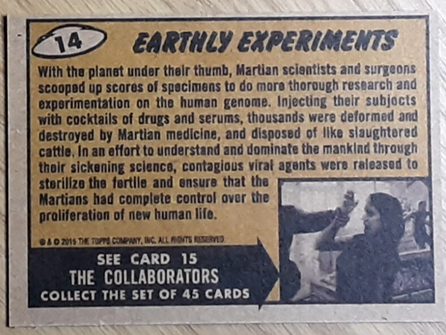 2015 Mars Attacks Occupation Heritage Card 14 EARTHY EXPERIMENTS. New Top Loader - Picture 2 of 3