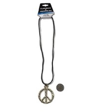Gold Hippie Peace Sign Necklace - 26" - 1960's - 1970's - Costume Accessory