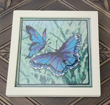 Framed Blue Butterfly Needlepoint Picture 6.5 X 6.5" Gallery Wall