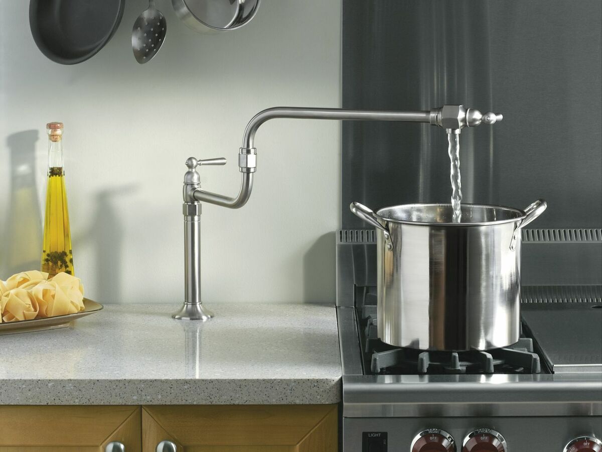 KOHLER HiRise Brushed Stainless 1-Handle Wall-Mount Pot Filler Kitchen Faucet KOHLER HiRise Brushed Stainless 1-Handle Wall-Mount Pot Filler Kitchen Faucet