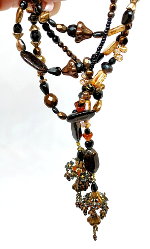 Lovely Long Necklace By Michal Negrin With Shades Of Brown And Black Crystals. - Picture 14 of 17