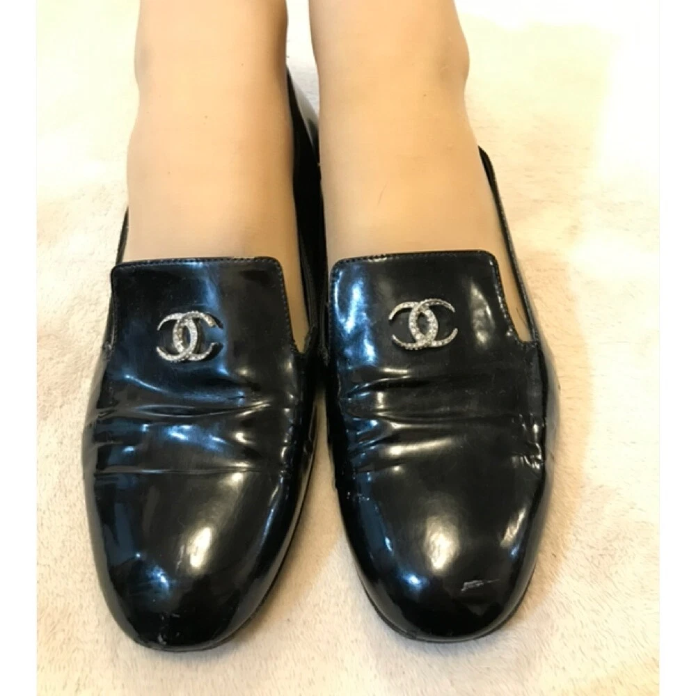 Chanel Black Patent Leather silver crystals CC logo Flat Loafers Shoes Size  36.5