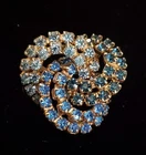Vtg Made Austria Signed Costume Jewelry Brooch Pin Gold Tone Blue Stones 1 1/8"