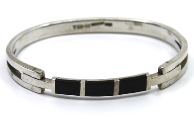 Vintage Taxco Sterling Silver Black Onyx Inlay Bangle Bracelet 925 Hinged Cuff