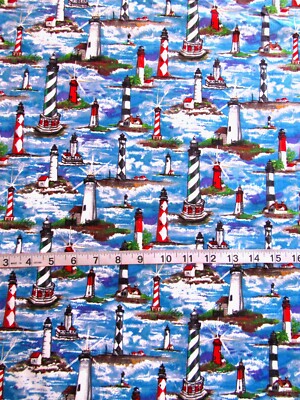 1 yd 100% Cotton Fabric ''Blue Tossed Lighthouses'' by Timeless Treasures