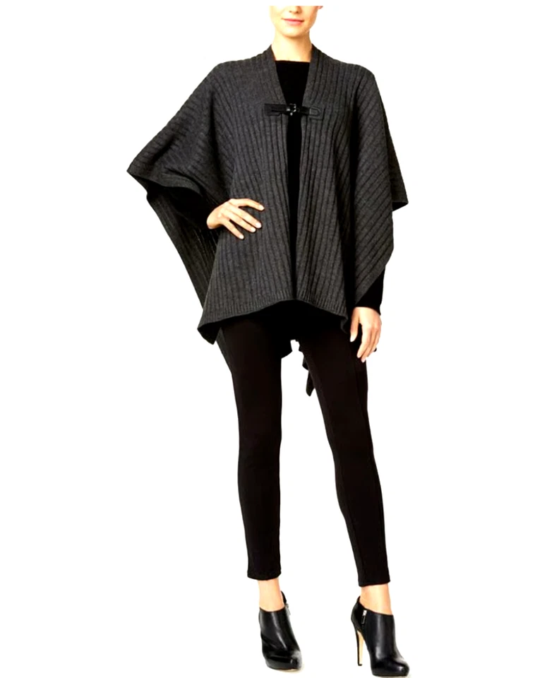 Michael Kors女式灰色罗纹针织披肩皮革扣细节 — 第 2/4 张图片