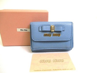 Auth miu miu Light Blue Madras Leather Trifold Wallet Compact Wallet #b182
