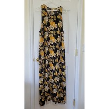 Natural Life Floral Maxi Dress Black Yellow Boho Rayon Sleeveless L/XL