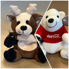 Set Lot of 2 Vintage Retro Coca Cola Bean Bag Polar Bear  Reindeer w/Tags 6 In