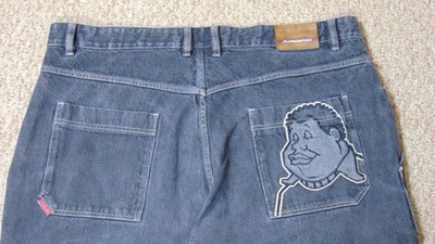 90'S FUBU Platinum Fat Albert Embroidered Dark Baggy Jeans Vintage Hip-Hop 48x31