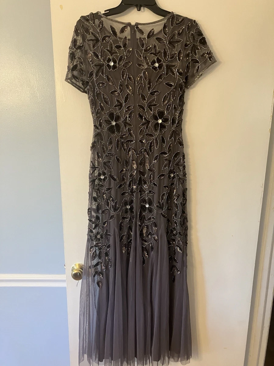 Vestido midi manga corta malla floral lentejuelas con cuentas gris Adrianna Papell 6