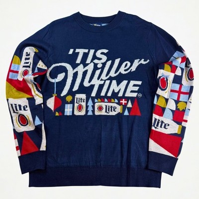 Miller Lite Ugly Christmas Sweater Mens XL Navy Blue Tis Miller Time Holiday