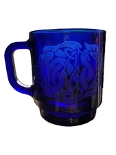 Vintage Dragons Asian Etched Cobalt Blue Glass Coffee Tea Mug Made In France