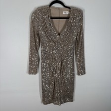 Eliza J Women 4 Gold Sequin V-Neck Diamond Panel Long Sleeve Cocktail Dress NWOT