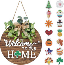 Interchangeable Seasonal Welcome Sign Front Door Decoration, Rustic round Wood W