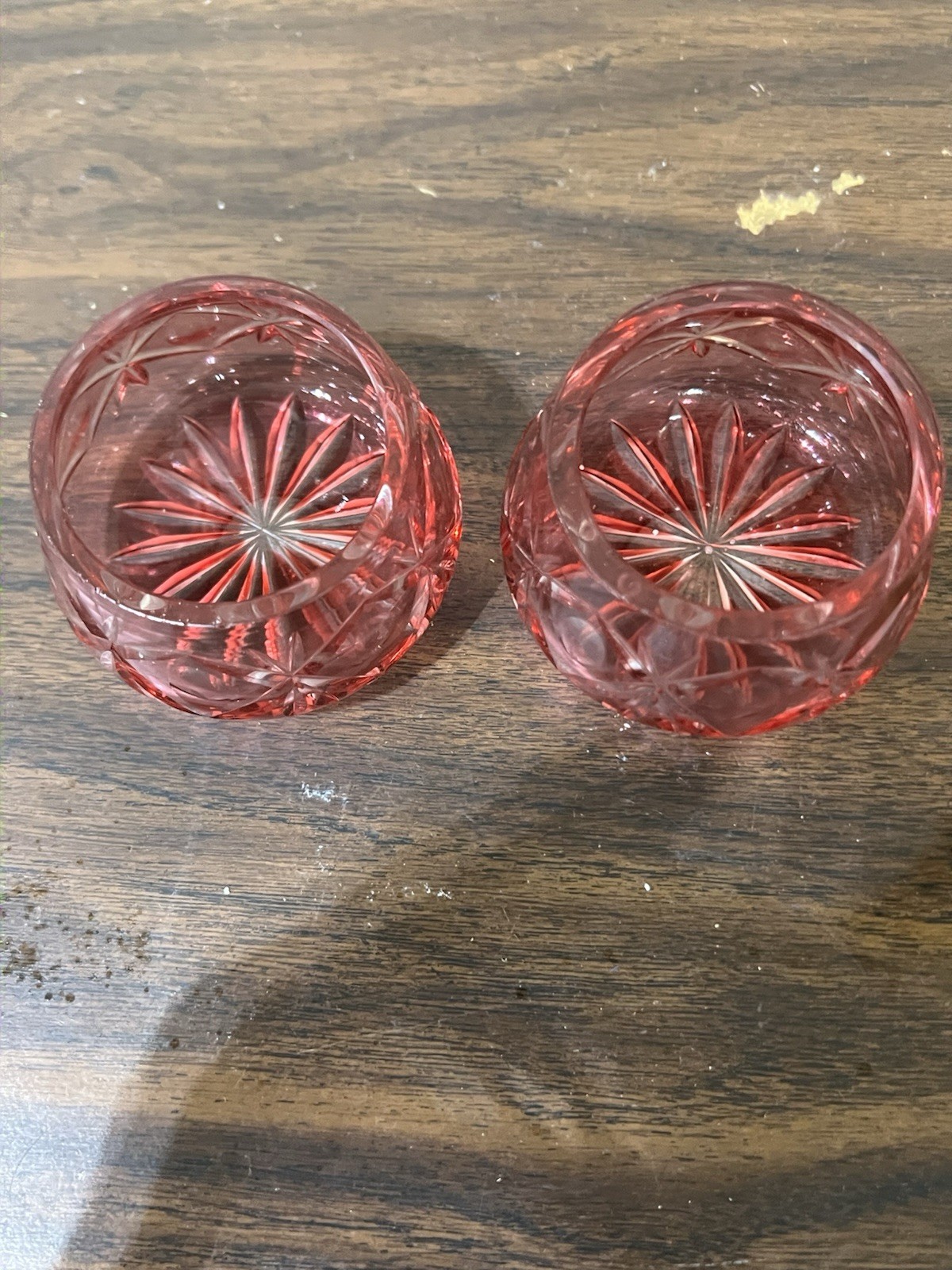 2 vintage cranberry cut-to-clear crystal rose bowls