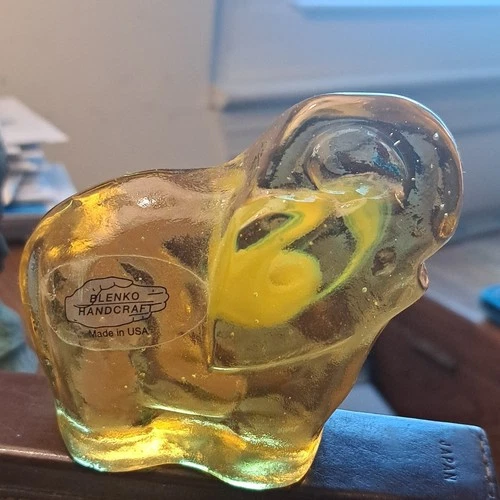 Blenko Yellow Glass Elephant Figurine Handcrafted USA Glossy Finish Handmade