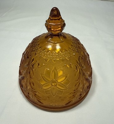 Tiara Indiana Glass Amber Daisy Sandwich Glass Domed Butter Dish Top  Lid 6 x5 