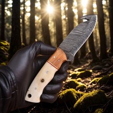 SHARD Damascus Steel Gut Hook Skinner Knife Wood Bone Handle Full Tang w/ Sheath