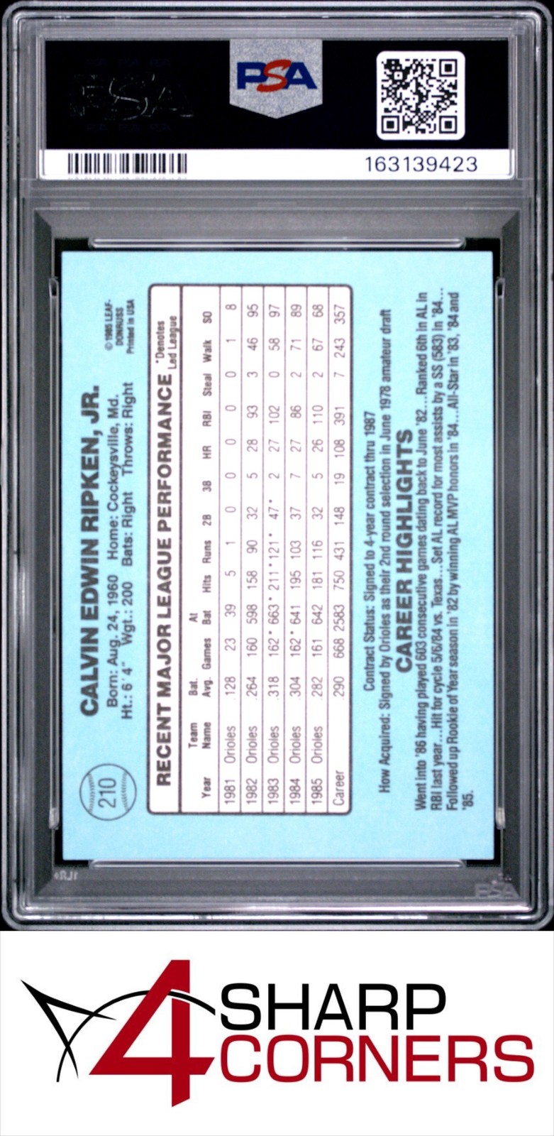 1986 DONRUSS #210 CAL RIPKEN JR. ORIOLES HOF PSA 10 view 2