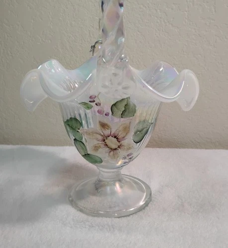 Fenton Glass Hand Painted Opalescent Basket Iris Flowers Signed Miller 10" x 6"