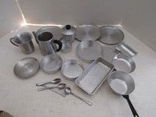 VINTAGE DOLL CHILD KITCHEN PLAYSET DISHES PLATE SPOON POT PAN ALUMINUM PARTS