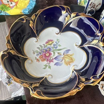 Echt Kobalt Porcelain Blue Floral Decorative Bowl with Gold Trim