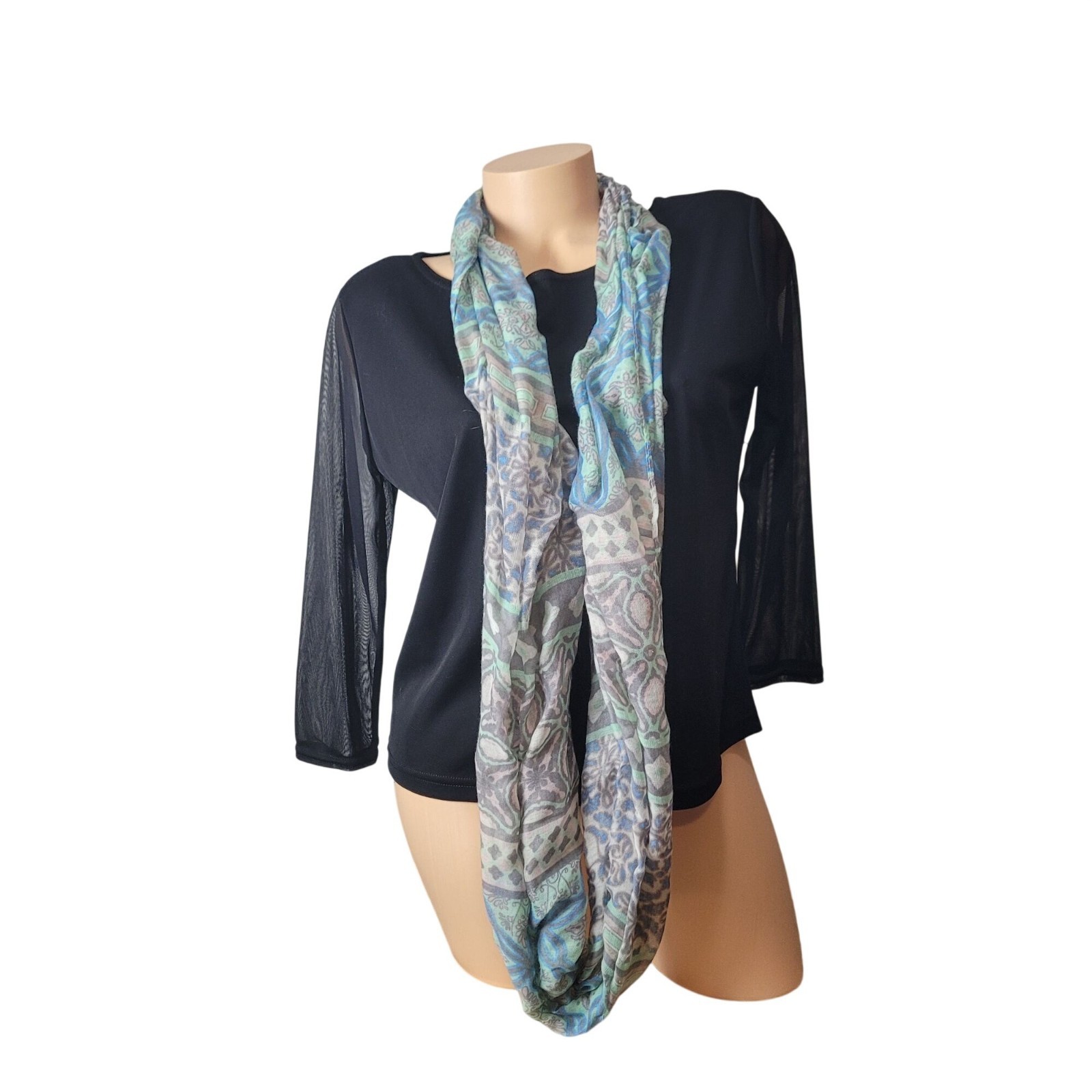 Lightweight Blue & Green Patterned Infinity Scarf - image 2