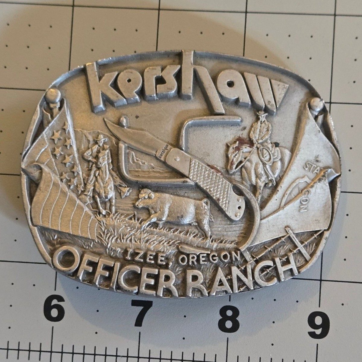 Kershaw Knives Belt Buckle Officer Ranch Pewter Izee Oregon Cowboy Knife Design View 4