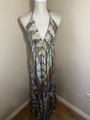 Karma Highway One Size Boho Paisley Halter Maxi Dress Open Back Tassel Festival