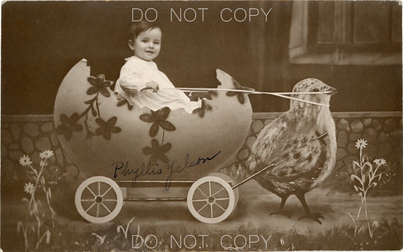 1910s RPPC Photo Easter Girl Egg Wagon Anthropomorphic Chick Philadelphia Studio