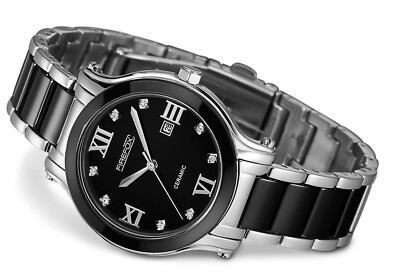 FIREFOX Edelstahl Keramik Damenuhr S1015 Zirkoniasteine schwarz Seiko Werk 5 ATM