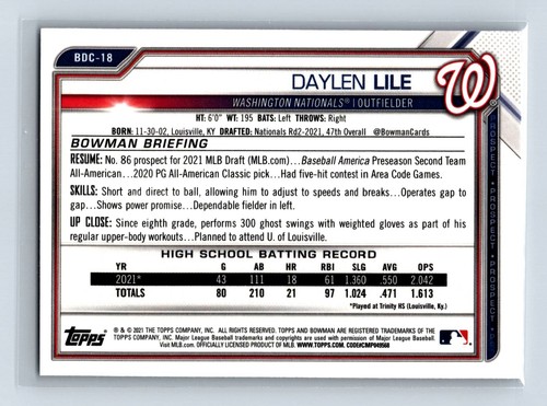 Daylen Lile 2021 Bowman Draft #BDC-18 Chrome - Picture 2 of 2