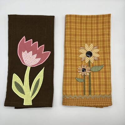 Pair Cotton Kitchen Towels Sun Flower Tulip Applique Embroidery Brown Orange