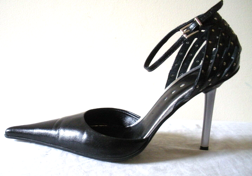 Ravencore $485 LEWU ITALIA Black Leather Caged Ankle Strap Shoes ITALY 37 US 7M - Picture 3 of 7