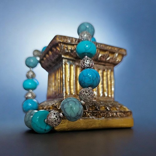 18" Faux Turquoise Necklace Chunky Rondelle Silver-tone Filigree Beads Chaps - Picture 5 of 6