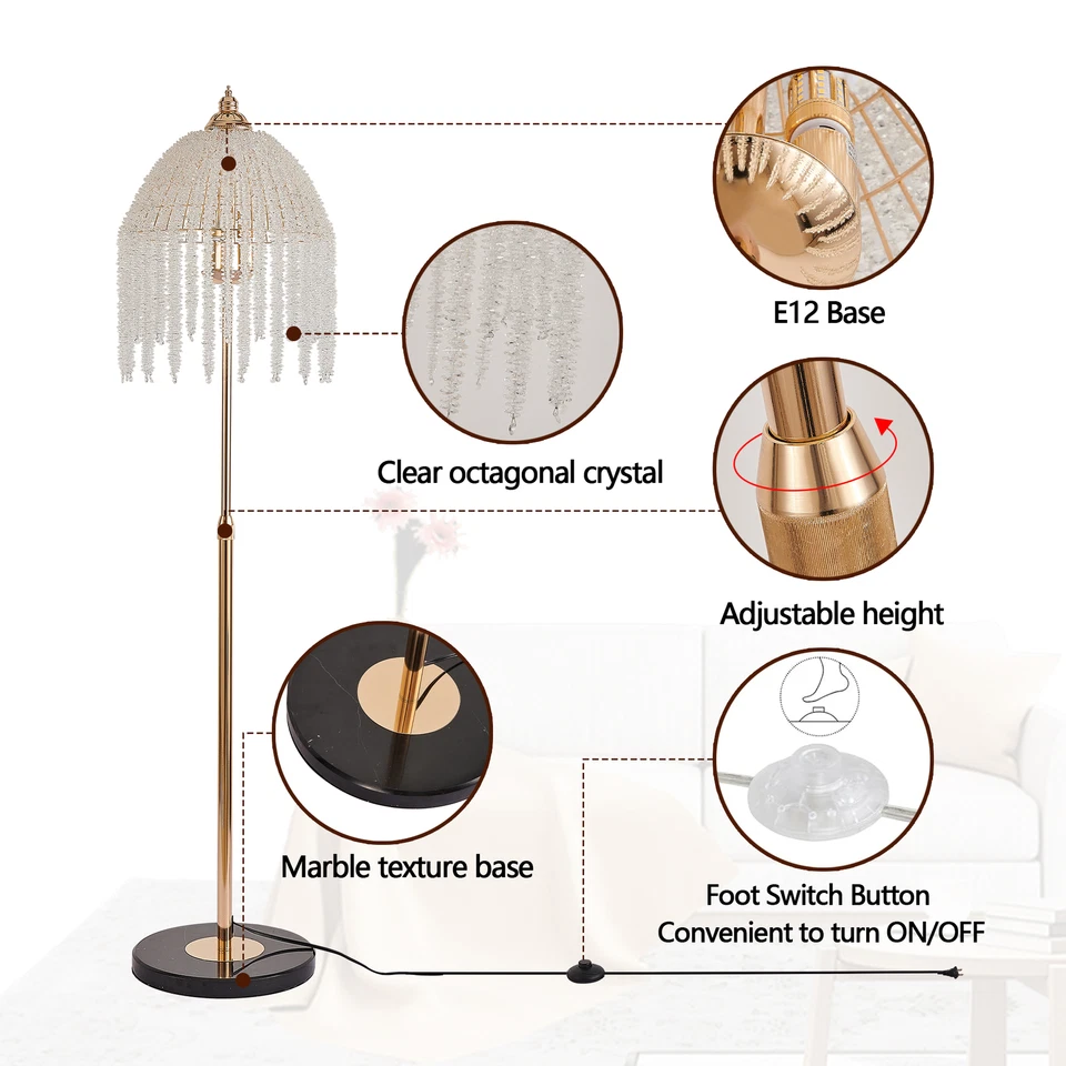 63'' Elegant Gold Crystal Floor Lamp w On-Off Foot Switch Living Room Lighting - Image 4 of 4