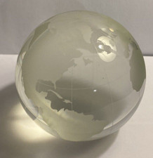 Unusual Etched (world map) Globe shaped Glass Paperweight Clear Pre-loved