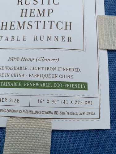 NWT Williams-Sonoma Hemstitched Hemp Table Runner Blue 16x90 - Picture 3 of 5